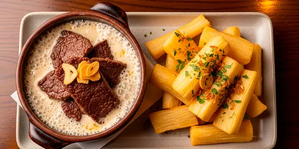 Guia do petisco perfeito: Aprenda o segredo da dessalga de 24h para a Carne de Sol na Nata macia, a técnica da mandioca frita crocante (cozinhar, congelar, fritar) e o molho aveludado.